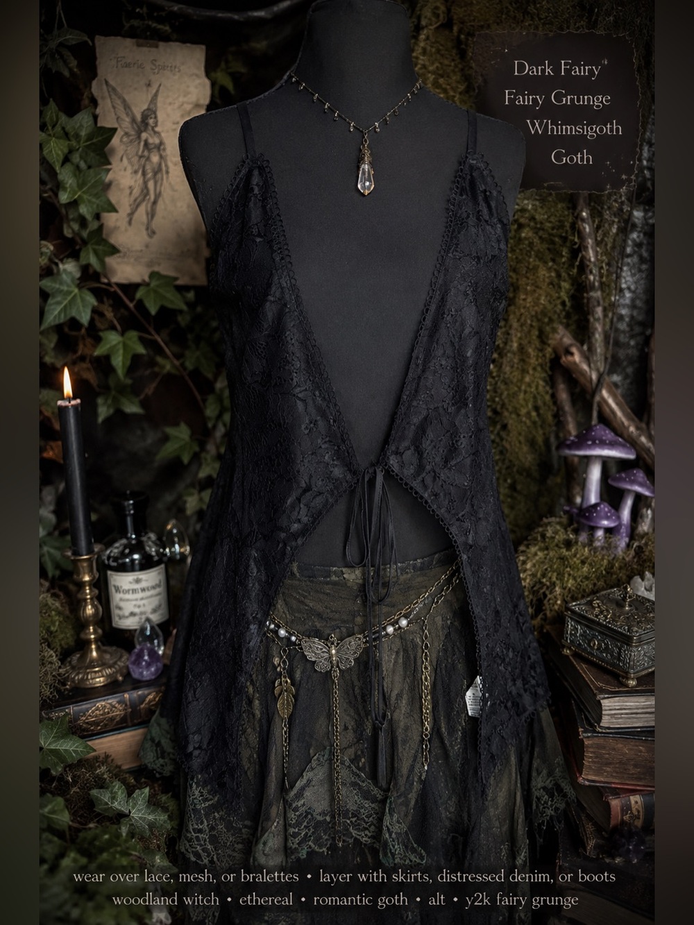Dark Fairy Whimsigoth Black Lace Top Fairy Grunge Asymmetrical Tie Front XS
